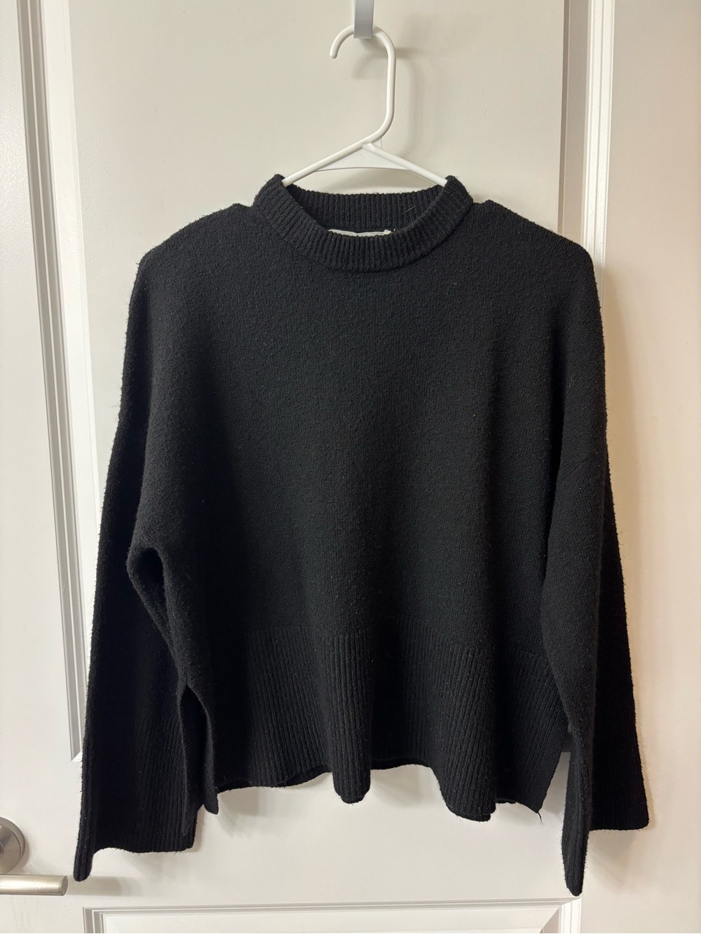 Elodie Black Side Slit, Crewneck, Wide Sleeve Sweater